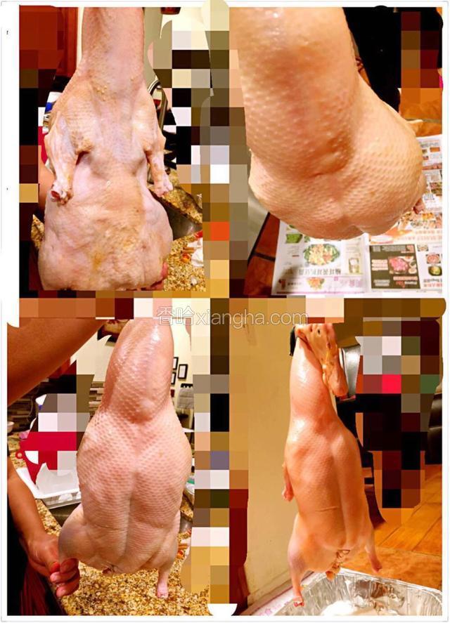 接下来这一步比较好玩，也比较难，吹鸭子，就是《十二道锋味》里陈伟庭用手爆鸭菊，羽泉上嘴啃（吹）生鸭子的那个情景，这里找个简单方法，找个打气筒，把打气筒一头从鸭脖子插进去，插的位置为皮跟肉之间，用皮筋套住，进行打气，打的时候要慢慢来，此时开膛的地方有可能也漏气，要堵一下！吹鸭子的主要目的是为了鸭子看起来圆润美观，鸭肉与鸭皮分开，使鸭胸附近的皮酥脆！不想吹的此步骤跳过！
