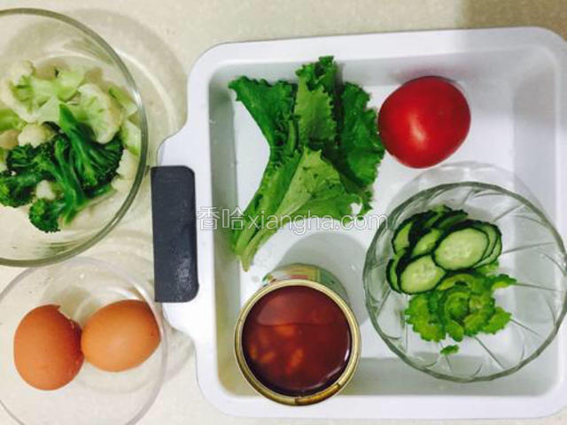 先准备好你喜欢的食材，西兰花、菜花和苦瓜用开水烫一下。