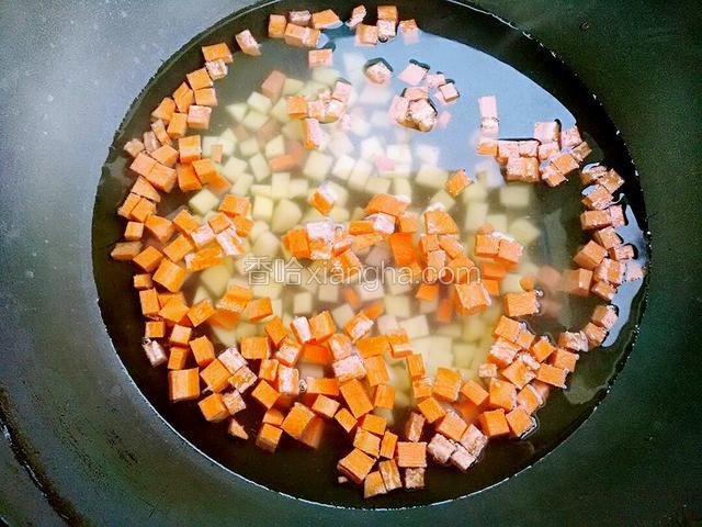 把水烧开土豆和胡罗卜丁放入锅煮开