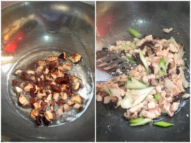 锅里倒入适量的玉米油，油六七成热的时候倒入香菇爆出香味，再倒入鸡丁翻炒至变白色再加入葱段再次翻炒