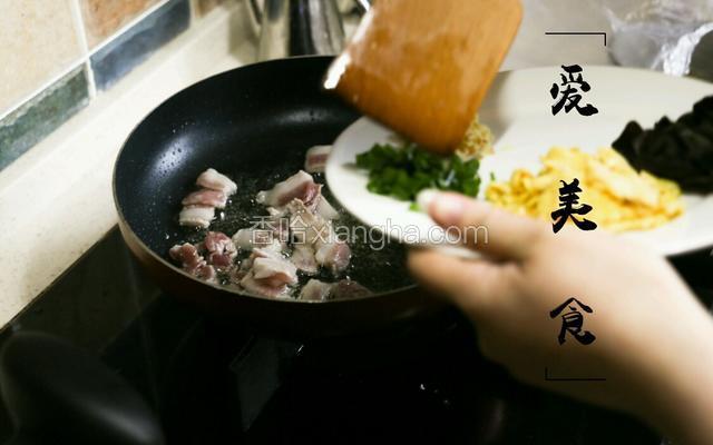热锅放食用油，油要多放一点，是普通炒菜的五六倍左右，中火煸炒五花肉臊子十秒钟，放葱姜末继续炒十秒钟，然后放辣椒粉中小火煸炒，炒的过程真的很香