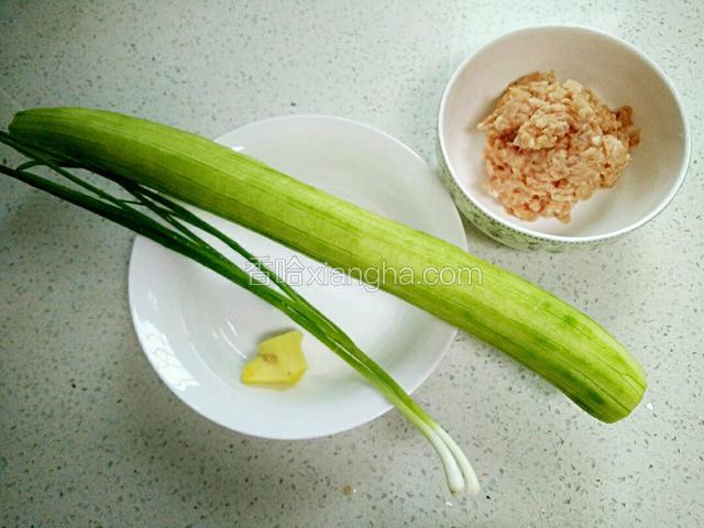 备好图中食材。猪肉末、丝瓜、葱、姜洗净。