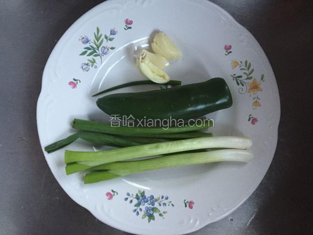 准备好蒜头，辣椒和葱段。