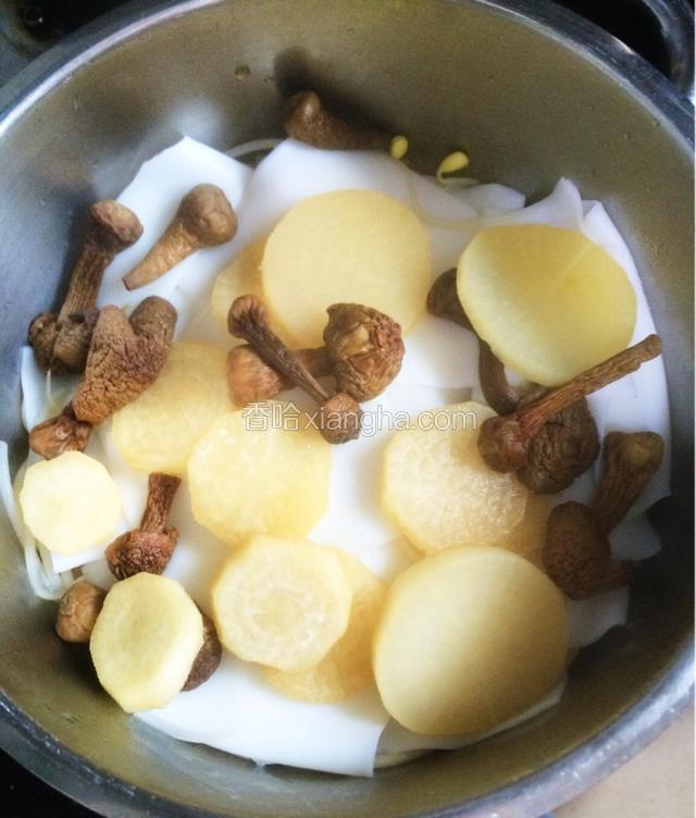 山药片上铺白萝卜和野菌菇