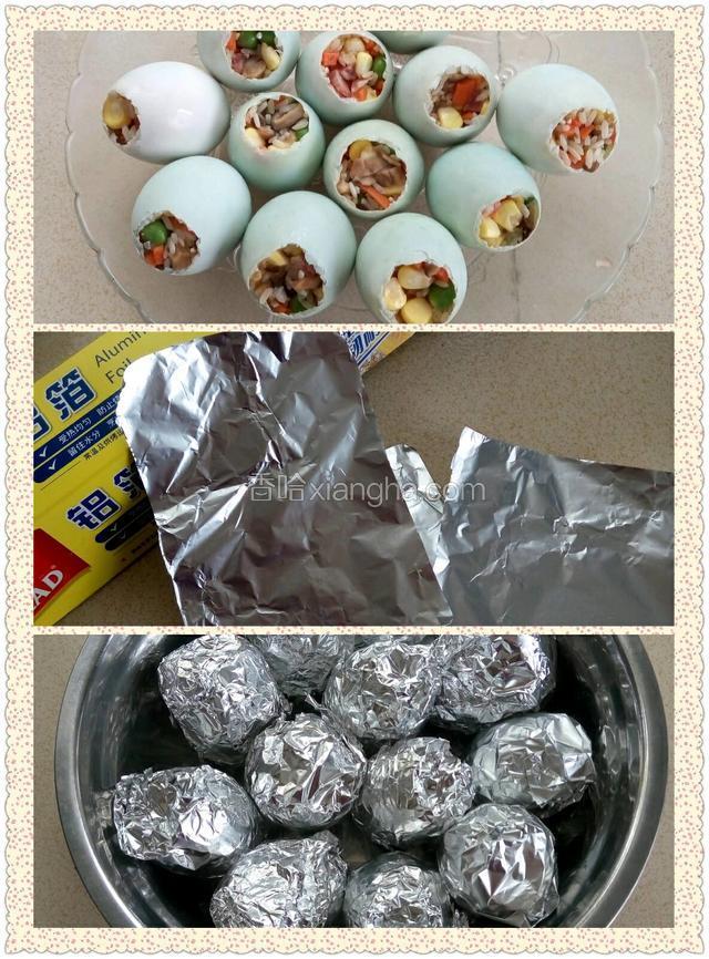 依次将糯米食材装满所有的蛋壳，用铝箔纸，将糯米蛋包起来（用铝箔纸包蛋起到隔绝水蒸气及封口的作用）