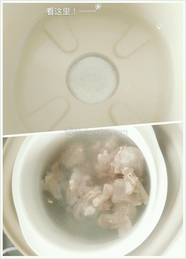 电炖锅机体内加入最高水位，把焯水的羊肉放入陶瓷内胆里。