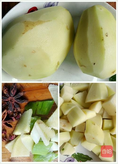 第二再准备土豆,葱,生姜,土豆切块,葱切段,姜切片