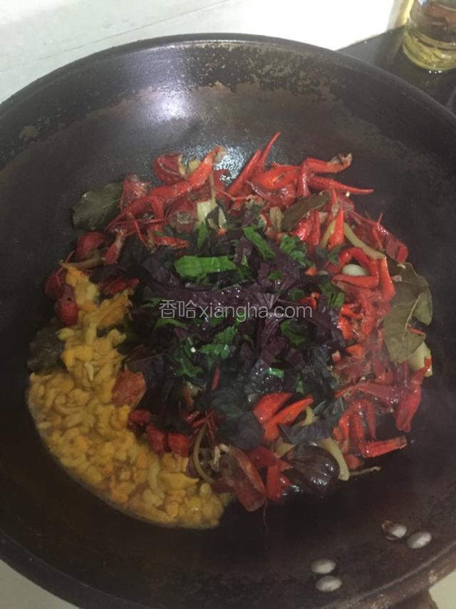 焖至啤酒汁差不多干了的时候下入紫苏和虾仔翻炒至熟即可