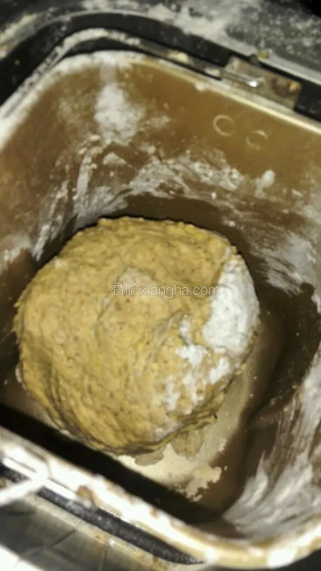 因为我是用面包机和面发面，所以开启发面功能，面包机开始搅拌，搅拌的过程中如果发现干粉多就加点温水，如果发现干粉少就加点普通面粉。