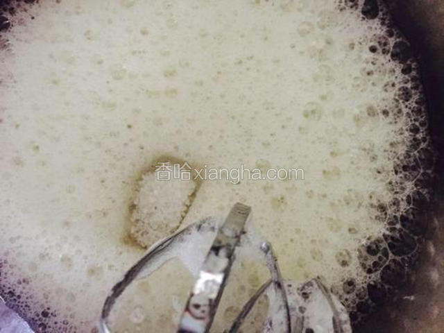 开始打蛋白啦，先打成这种泡泡的时候加入一些白糖