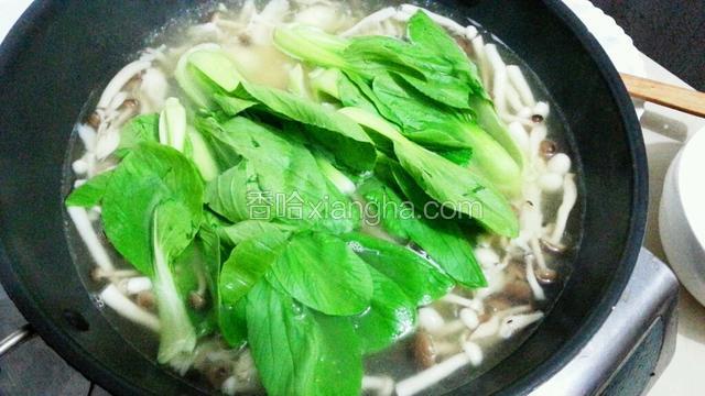 烧开翻滚片刻，放入青菜