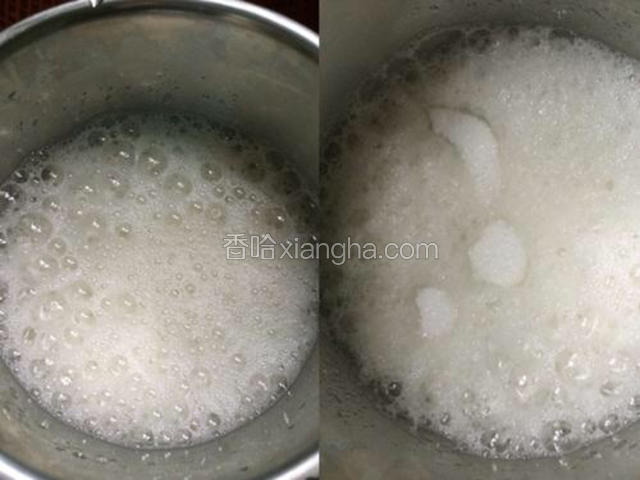 现在把蛋清用电动打蛋器进行打发 注意 刚刚还剩一半白糖的 将蛋清打到呈鱼眼泡状加入一半白糖 继续打发 