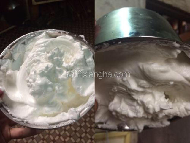 然后可以一直打发 打到成奶油状 翻转都不会倒出来就是OK了