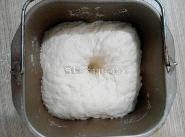 放入面包机，开启面包机发面程序，面发好的样子，用手指摁一个坑不回缩算是发好了