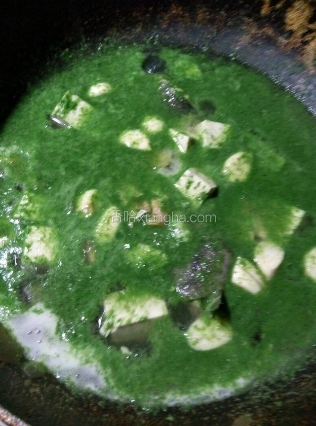 这是榨的青菜汁，上次做的绿色煎饼，看着像是加了抹茶粉，这次没有过滤，连着青菜渣一起炖，豆腐一起倒入锅里，
