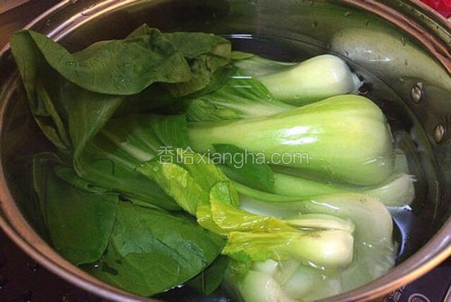 烧开一小锅水，水里加些盐和少许油，把洗净的油菜放进锅里，小火绰好