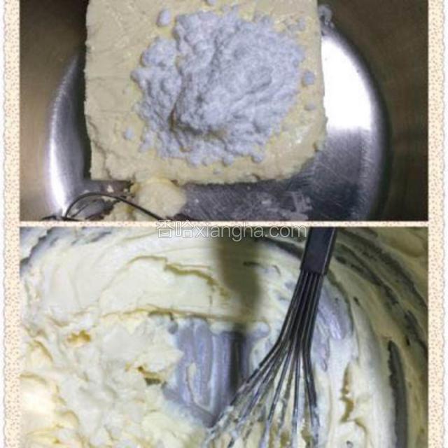 奶油奶酪加糖粉，隔热水搅拌均匀至顺滑状态。