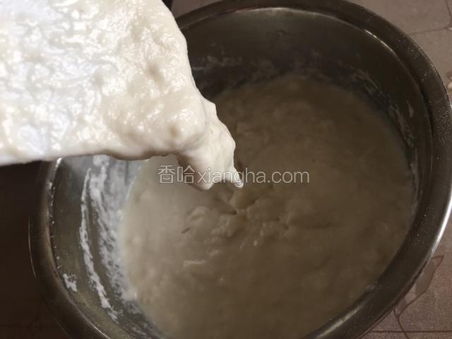 把酵母水分次倒进面粉到容器里，一边用刮刀搅拌均匀，呈图片状态；