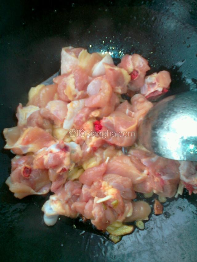 倒入鸡块炒至鸡肉变色