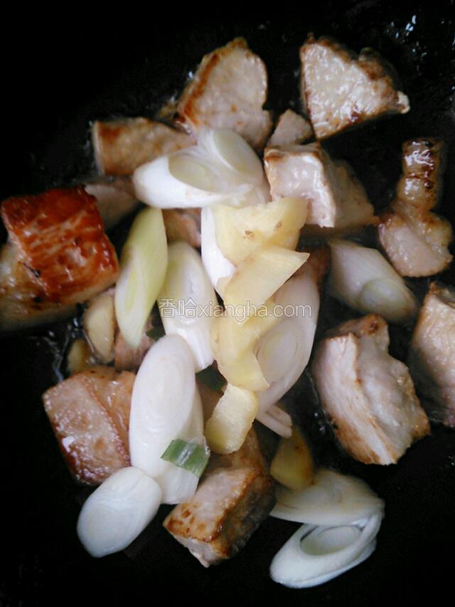 五花肉上色之后加入大葱，姜片，蒜和花椒
