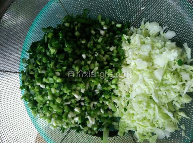 饧面的同时，把饺子馅准备好，材料：韭菜一小把，洗净，切碎，五花瘦肉一两多，剁成末，剁的过程加适量盐，入味，味匀，白菜两叶，洗净切碎