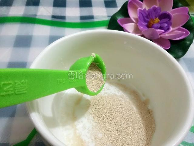 用量勺量取6克酵母，一般酵母和面粉按1：100的比例使用；