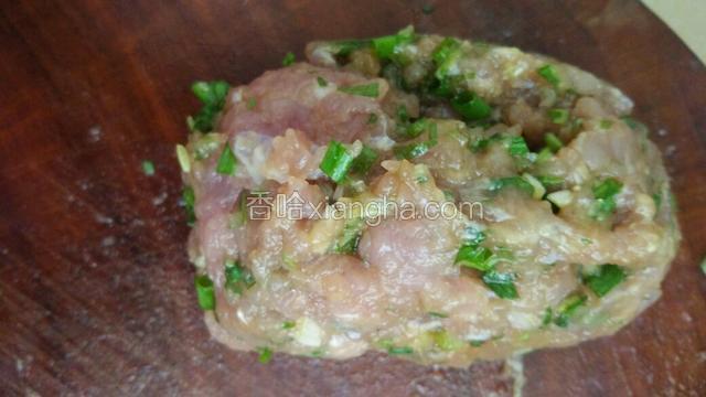 瘦肉加入葱，适量鸡精，盐，耗油，油，少量白砂糖，少量生抽，少量胡椒粉剁成肉馅。