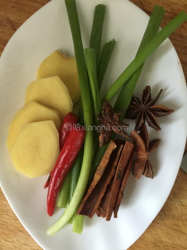 将葱洗净，姜切片，各种调料准备好