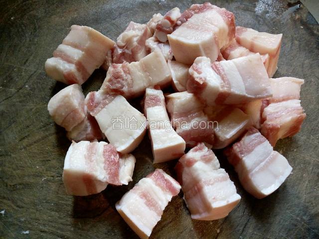 五花肉一块，切成小块。