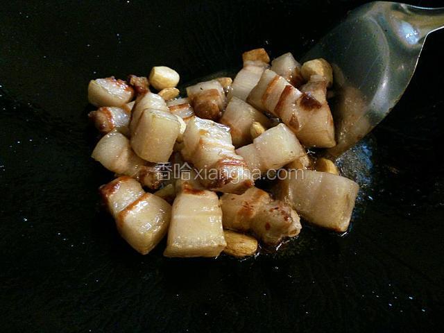 倒入五花肉和蒜瓣翻炒至上色。