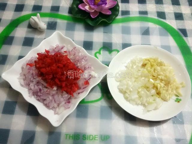 葱姜蒜切末，洋葱红辣椒切丁，绿葱段切细丝泡在水中，照片没一起拍；