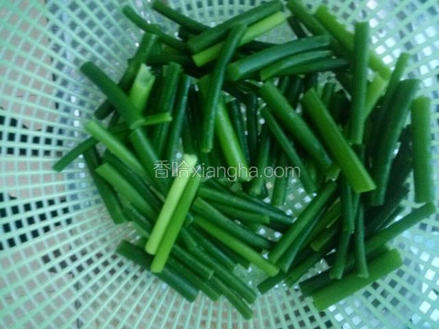 蒜苗摘去头尾，切成三厘米长小段，开水焯熟