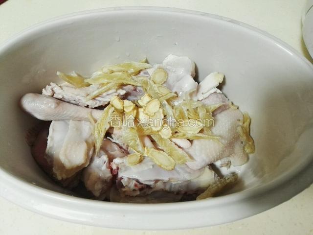 花旗参洗干净，和鱼胶，鸡肉一起放入炖盅