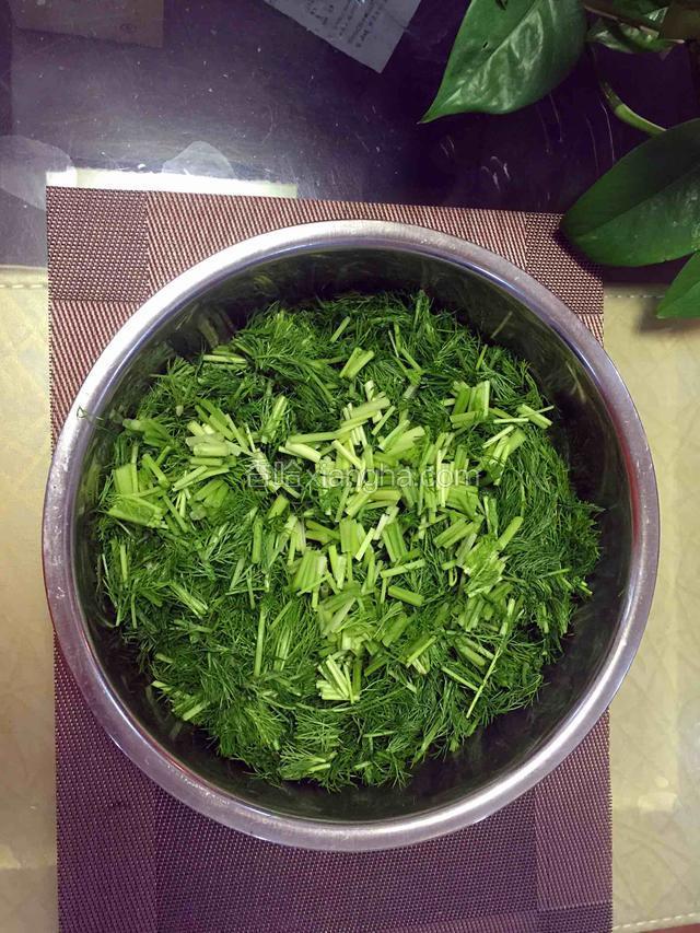 茴香苗洗净切段，不用控水放入盆中备用。