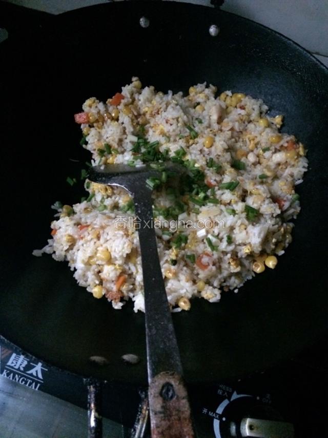 持续翻炒均匀后加入盐。葱花。