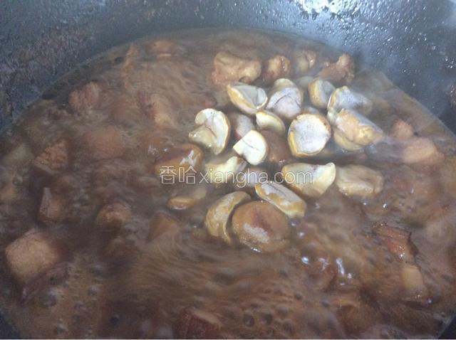 加入栗子和适量的盐，转中火炖煮，最后收汁