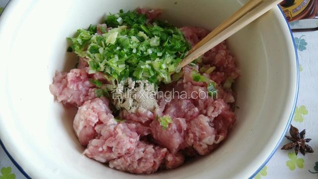 肉馅放葱姜末，胡椒粉适量。