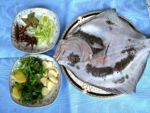 多宝鱼去腮、内脏洗净，在两面各划几刀后控水，葱切碎，姜蒜切片，香菜、香葱切末。