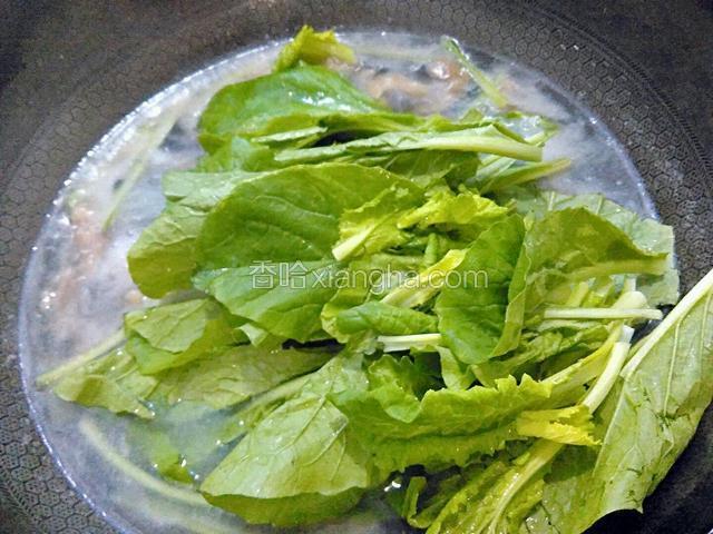 再将白菜叶加入。转中小火继续煮。