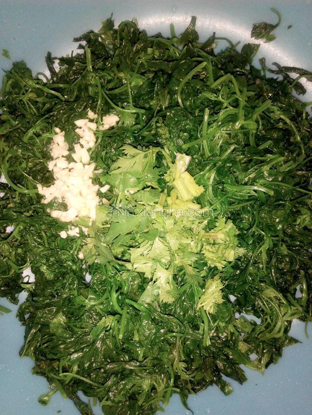 灰灰菜放盆里，放上蒜末，香菜