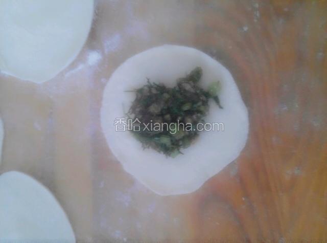 在饺子皮中间放入肉馅