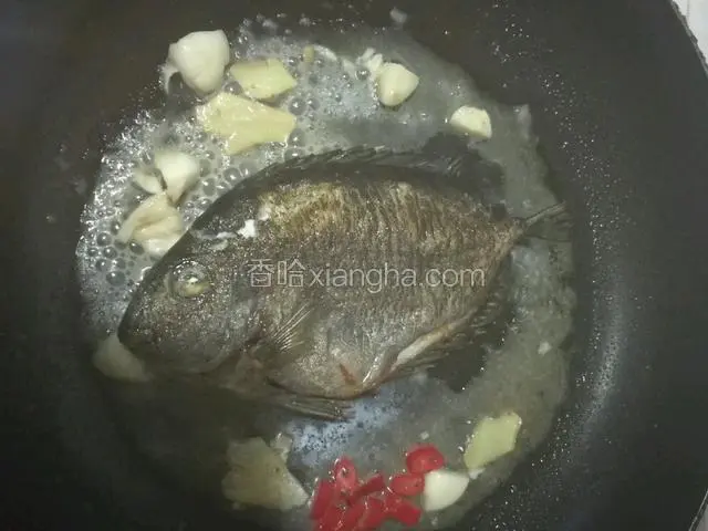 把切好的姜，蒜，红辣椒放在鱼的一边炒香一下，再加入适量的水，再倒入一点点料酒。