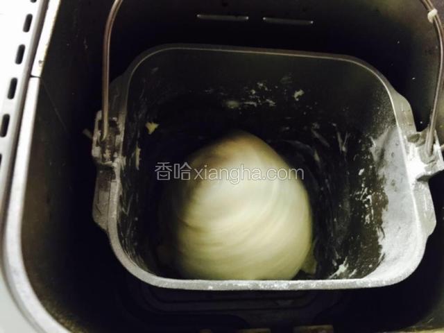 除了黄油其它材料放入面包机内，注意不要让盐和酵母接触，对角放，开动面包机的面包面团键，揉面大约5分钟后打开盖子加入黄油