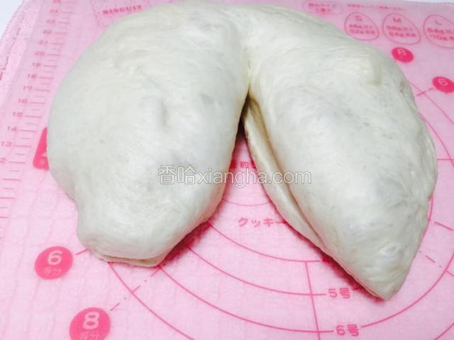 怎么分割成一样的大小呢？首先把面团割成象照片这样，注意尽量一刀下去就割开，不要去拉面团，你碰面团的面积越少面包就越好吃。割成照片这样后，用手轻轻拉着左右的切口，成长条，不要刻意去用力去拉，轻轻的即可
