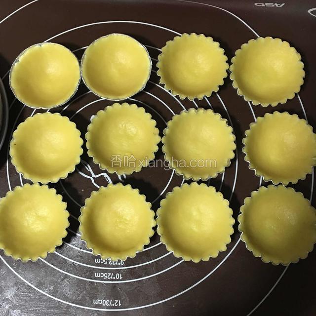 将小面团依次填入挞模中，用手轻轻按压和挞模成为一体；