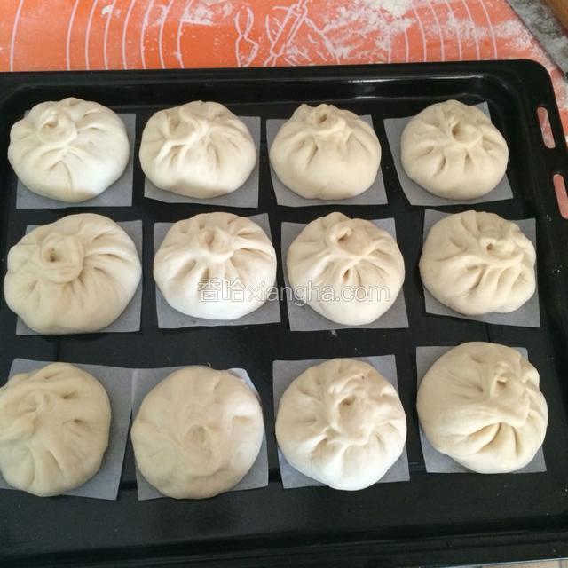 取一个醒好的小面团分成5个小剂子，将小剂子压扁中间厚边薄，中间放上白菜猪肉馅沿边掐紧包好，包子下面垫上小纸，依次全部做好，锅内放入冷水，将包摆在蒸笼里大火蒸二十五分钟，闷三分钟出锅。