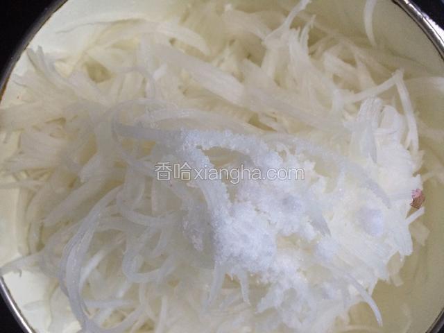 将白萝卜去皮洗净后，用刨丝工具刨丝或者切丝，放入适量的盐拌匀，腌制一会儿，中途要多翻动