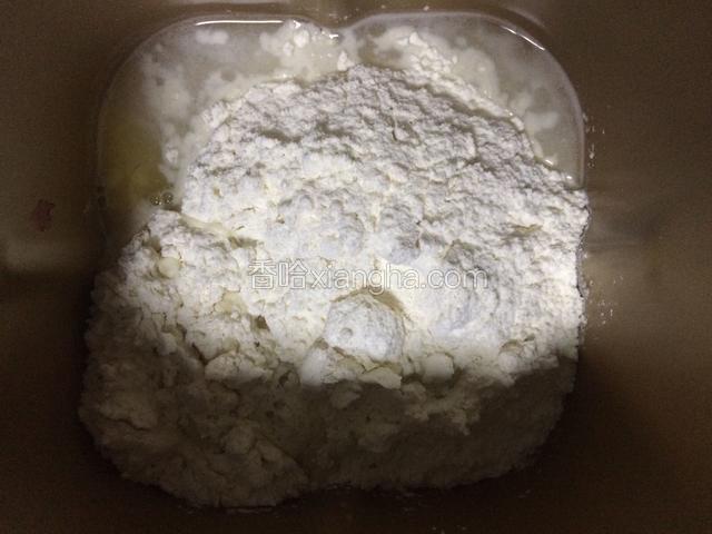 将面团所需的材料（B）一起放入面包机桶里，放入面包机中和面半小时即可
