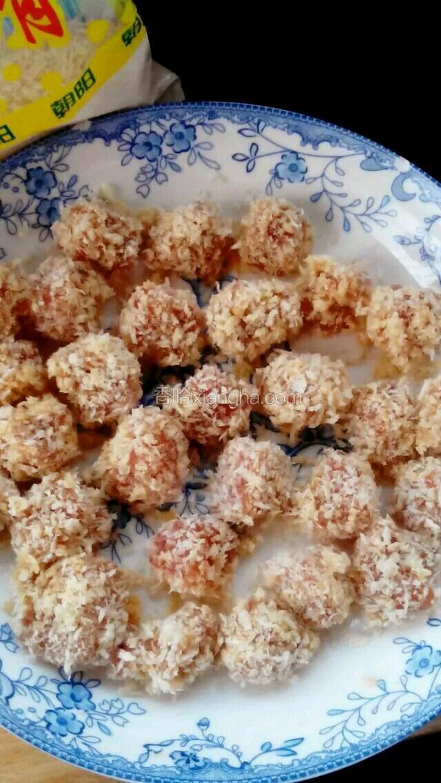 在腌好的肉上撒上干淀粉抓匀，再倒入鸡蛋液（一个鸡蛋）抓匀。取一个容器，倒上面包渣，然后把肉块一个一个放入容器里裹上面包渣，轻轻捏成球状放入盘中待用。