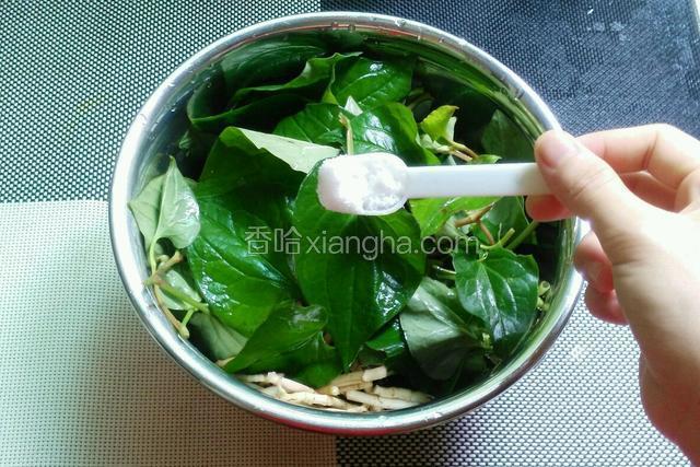 加入适量盐，然后用手抓着叶子搓几下。